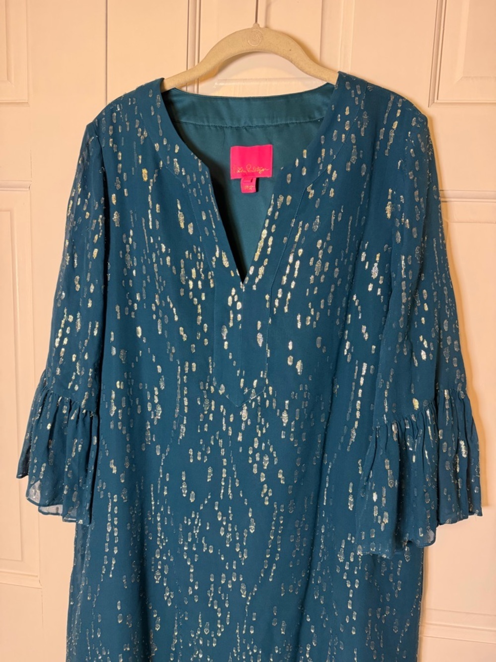 Lilly Pulitzer Elenora Silk Tunic Large Inky Tidal Fish Clip Teal Metallic Shift - Picture 5 of 8